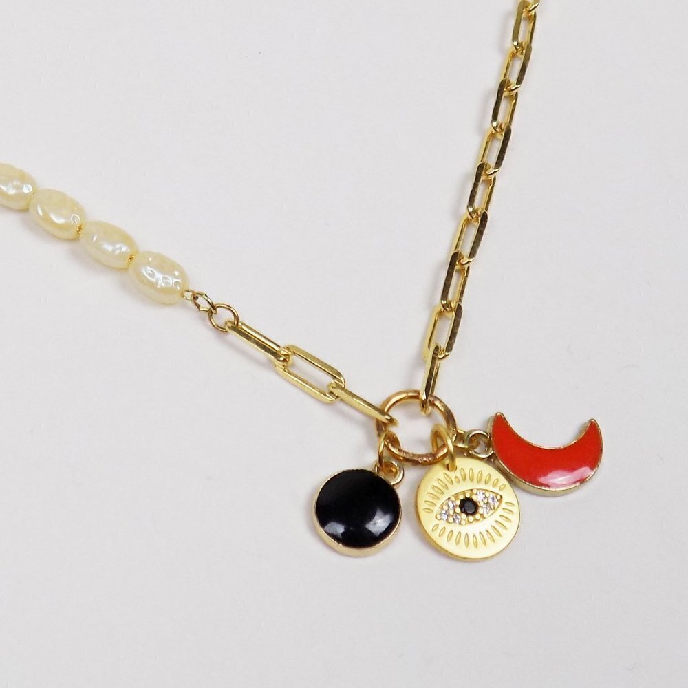 paperclip link necklace with charms pearlCZ stone evil eye